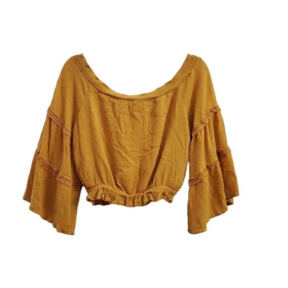 Lulus Blouse Small Off The Shoulder‎ Mustard Yellow Sunny Story Bell Sleeve Top - Picture 7 of 11